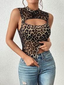 SHEIN Unity Leopard Print Cut Out Mock Neck Mesh Tank Top | SHEIN USA