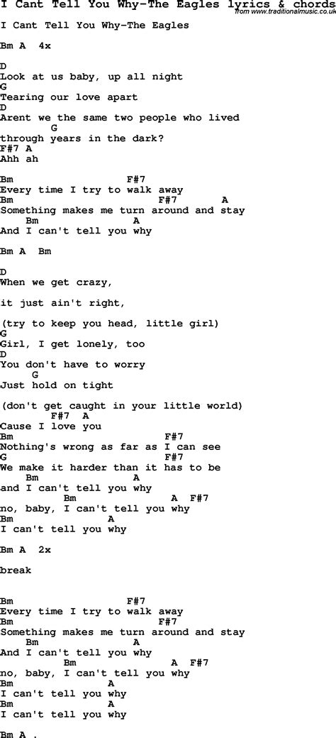 Love Song Lyrics for:I Cant Tell You Why-The Eagles with chords.