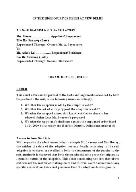 Judgment - Honey vs. Ashok Lal - Jayasuriya Moot problem 2024 - 1 IN ...