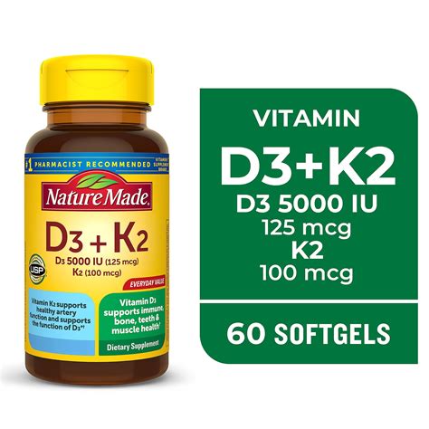 Nature Made Vitamin D3 K2, 5000 IU (125 Mcg) Vitamin D Softgels ...