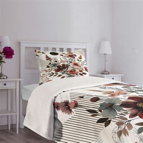 Ambesonne Floral Bedspread Set Mid Century Modern Flowery Maroon Dark ...