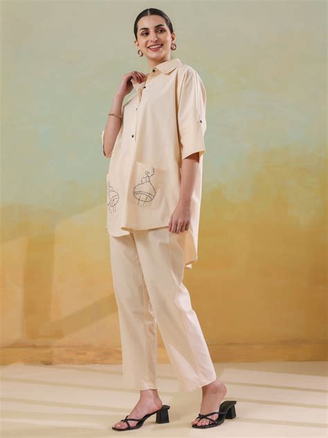 Cream Color Embroidered Co-ords Set for Women