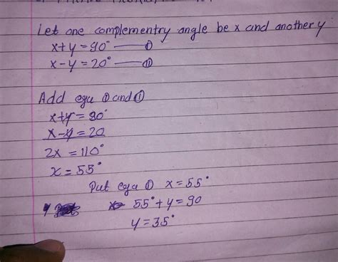 two complementary angles differ by 20 find the measures of each angle ...