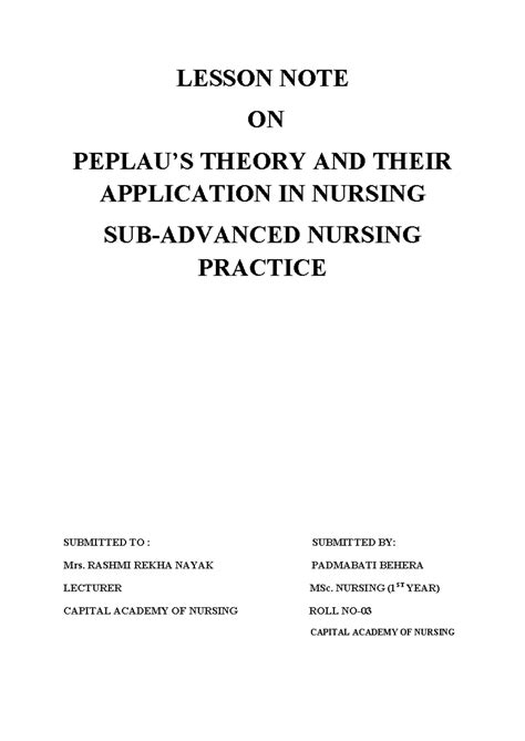 LESSON NOTE ON PEPLAU'S INTERPERSONAL RELATIONS THEORY IN NURSING - Studocu