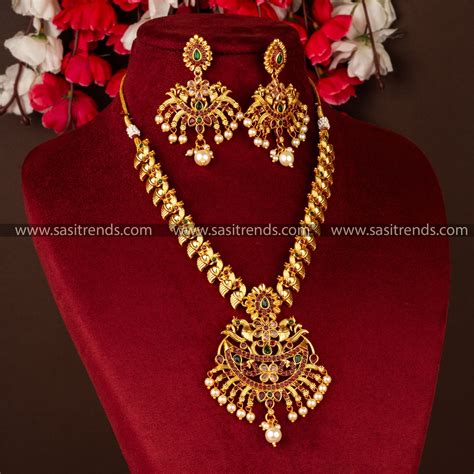 Classic Traditional Temple Necklace Jewellery Set - Elegant Matt Gold ...