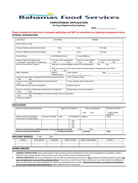 Bahamas Food Services Employment Application - Blank Fillable Template ...