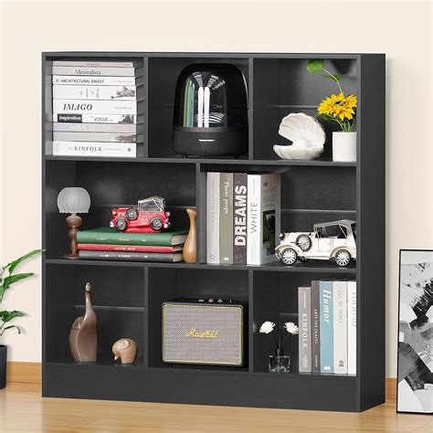 Furnilife Black Wide Bookshelf,3 Tier Modern Horizontal Bookcase,Wood ...