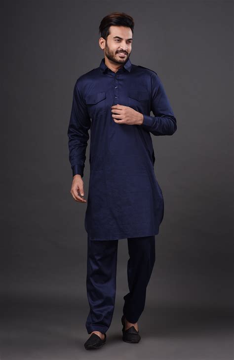 HAMSAFAR Men’s Denim Blue Cotton Casual Pathani Kurta and Pyjama Set ...