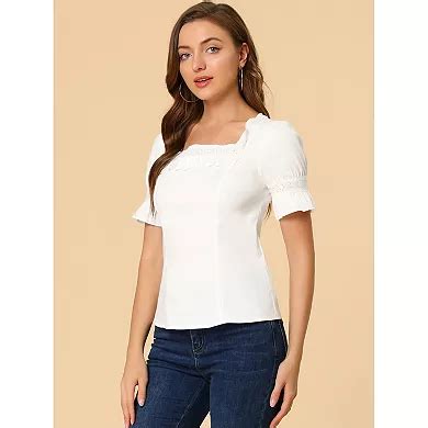 Lace Crochet Blouse for Women's Ruffle Puffy Short Sleeve Square Neck Top