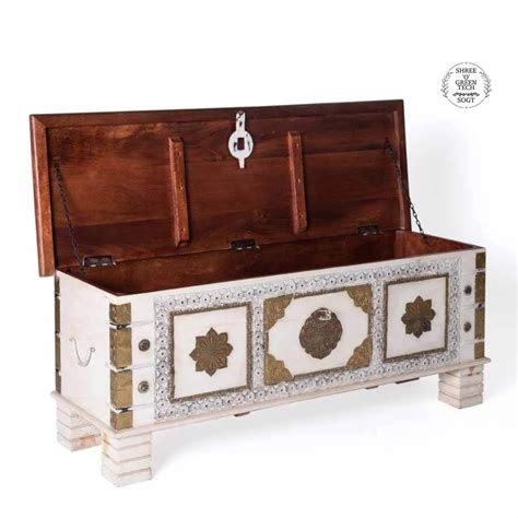 Buy Wooden Beautiful Distress Trunk Box, Home Living Storage Box, Brass ...
