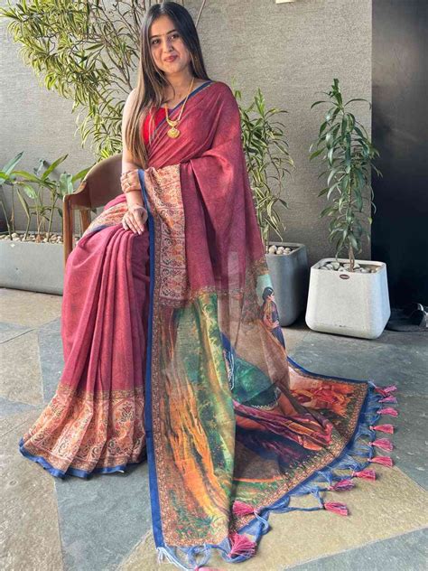 Stylish Burgundy Colour Ikkat Print Kalamkari Design Saree