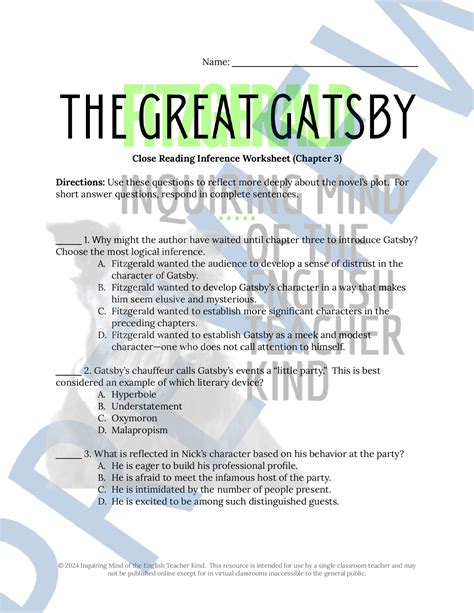 The Great Gatsby Chapter 3 Close Reading Inference Worksheet for High ...