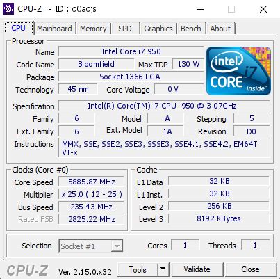 TAN YANG's CPU Frequency Score 5885.87 MHz with Core i7 950
