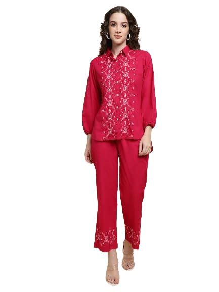 Buy Sringam Women Pink Chikankari Embroidered Co-ord Set, S at Amazon.in