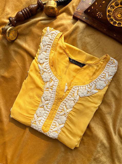 Mustard Yellow Adda Modal Chikankari Straight Kurti