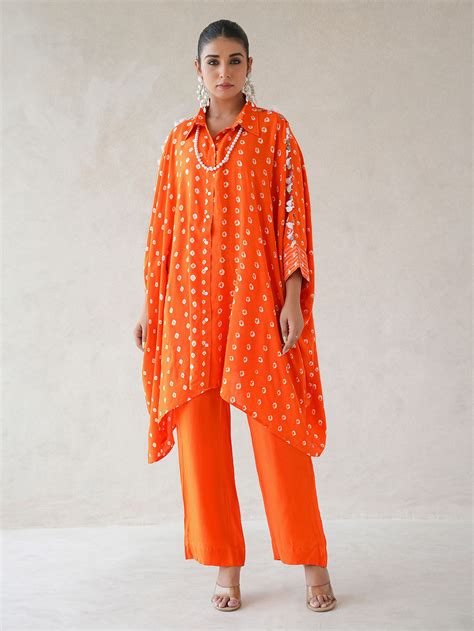 Pink Bandhani Tie and Dye Muslin Kurta with Pants- Set of 2