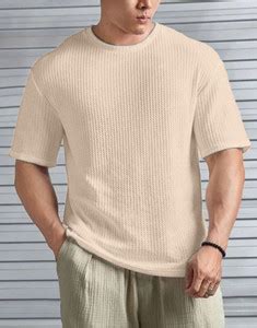 KAJARU Self Design Men Round Neck Beige T-Shirt - Buy KAJARU Self ...