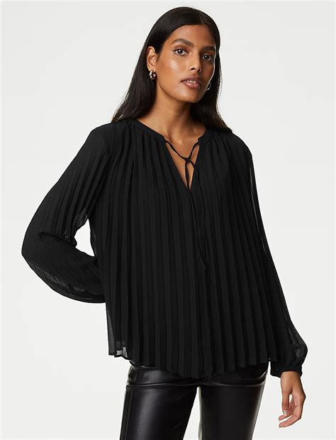 Buy Pleated Tie Neck Popover Blouse at Marks & Spencer