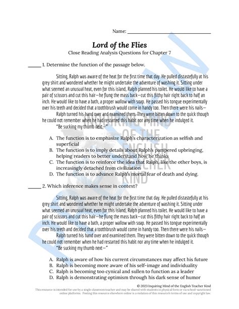 Lord of the Flies Chapter 7 Close Reading Analysis Worksheet | Teaching ...