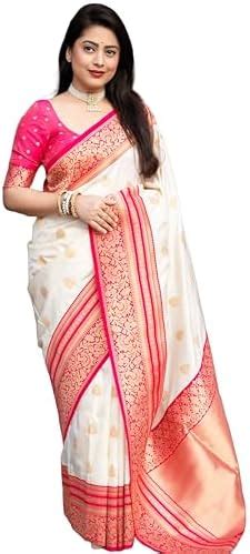 Buy Panzora Women's White Color With Pink Border Soft Silk Saree With ...