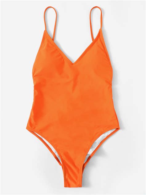 Neon Orange Lace-up Backless One Piece Swimsuit | ROMWE