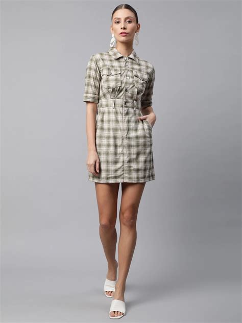 Buy Women Green Checkered Cordroy Shift Dress With Pockets - Global ...