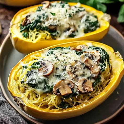 Creamy Spinach and Mushroom Stuffed Spaghetti Squash