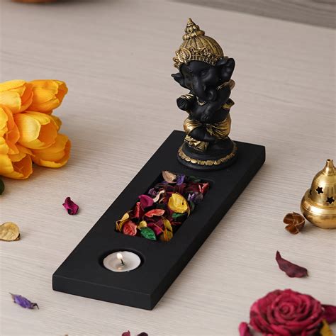 Gold & Black Polyresin Baal Ganesh Dancing Showpiece with Rectangle Wo ...