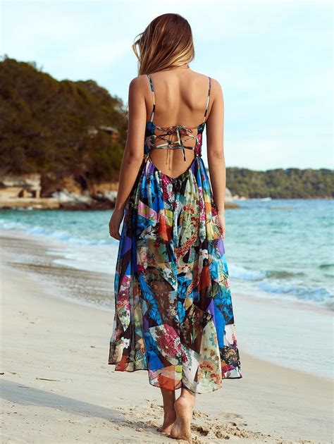 Open Back Spaghetti Strap Floral Print Women's Beach Dress | Saia de ...