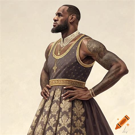 Portrait of LeBron James wearing an elaborate dress and jewelry on Craiyon