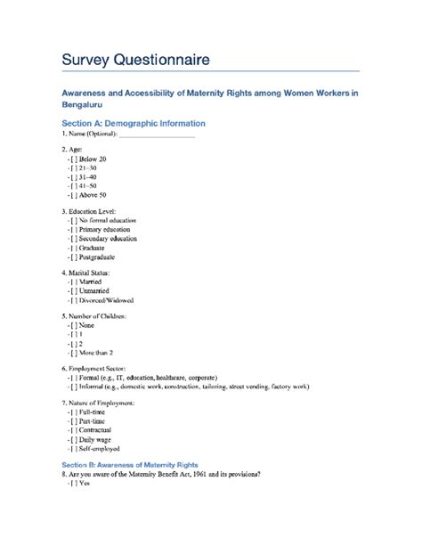Survey Questionnaire on Maternity Rights Awareness - FARMT - Studocu