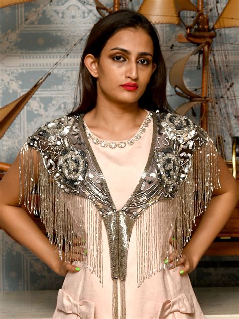 Odette Black And Silver Net Sequins and Beads Tasseled Cape for Women