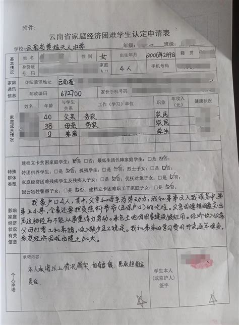 普通高中国家助学金申请材料（标准示例） - 楚雄天人中学