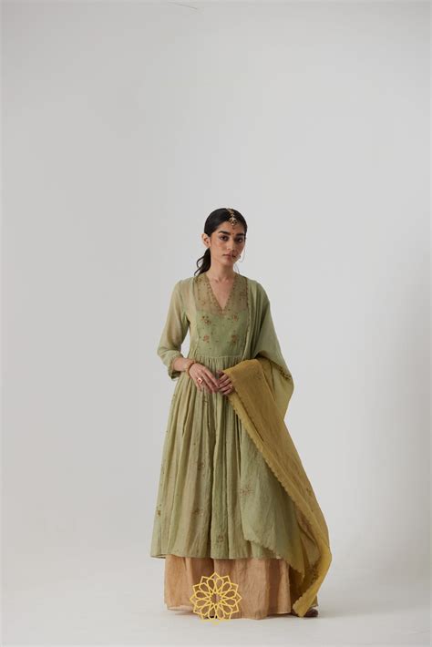 Mihika - Pastel green handcrafted gathered kurta with benarasi gold ti