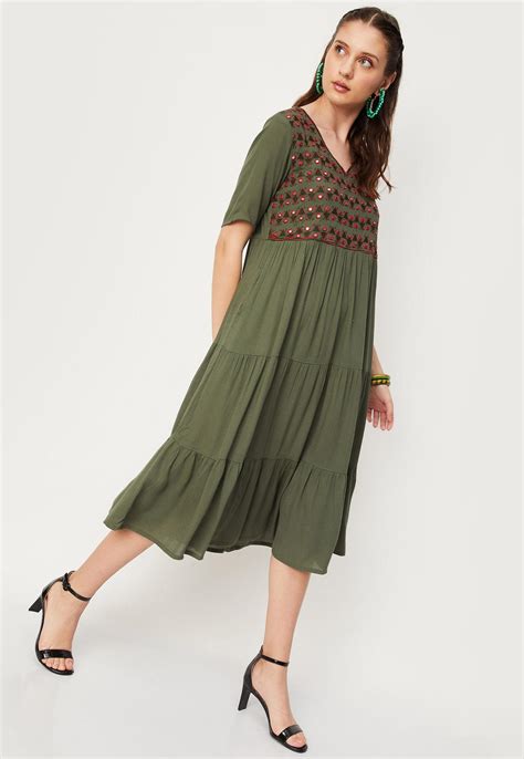 Buy Women Embellished V-Neck Tiered Dress Online at just Rs. 1199.0 ...