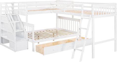 Buy L-Shape Triple Bunk Beds with Stairs and Storage Drawers Twin Over ...