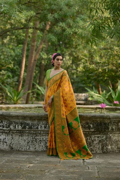 Mustard Yellow Zari Work Soft Pashmina Silk Saree for Women – Kalyanja