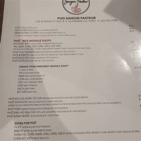 Menu at Pho Saigon Pasteur restaurant, Alhambra, 235 W Main St A