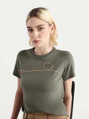 Buy RAREISM Women Keyf Dusky Green Crew Neck Regular Fit T-Shirt (XXS ...