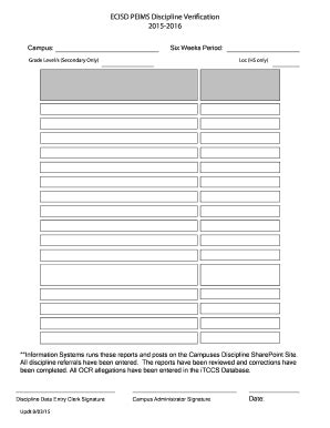 Fillable Online ectorcountyisd ECISD PEIMS Discipline Verification 2015 ...
