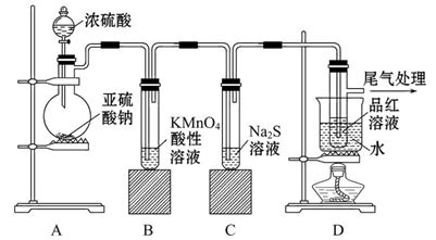 某化学兴趣小组为探究SO2的性质，按如图所示装置进行实验。请回答下列问题：（1）装置A中盛放亚硫酸钠的仪器名称是 ...