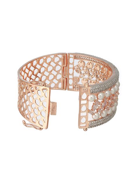 Priyaasi Bold Pearl American Diamond Rose Gold-Plated Bracelet