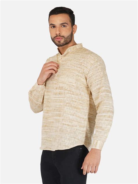 Pure Khadi Short Kurta in Self Pattern Wheat Color - Full Sleeve / 36 ...