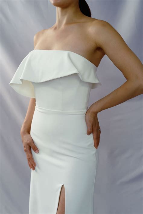 Olivia Frilly Straight Strapless Crepe Column Minimal Wedding Dress with Slit | Bone and Grey ...