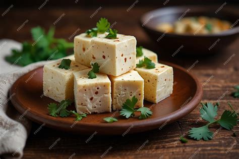 Traditional national indian food paneer cheese cubes on a plate with ...