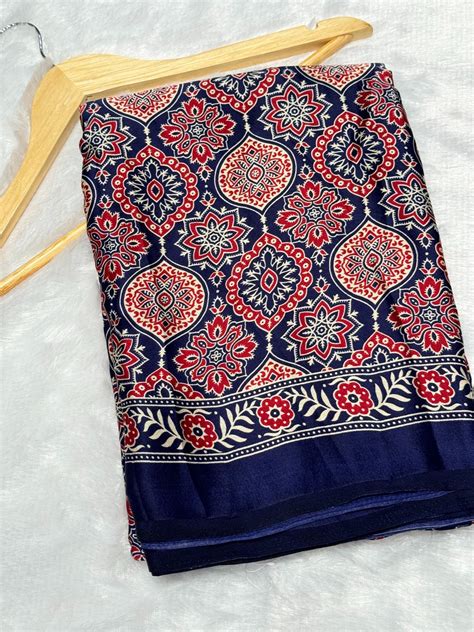 Blue Ajrakh Printed Soft Modal Silk Natural Print Saree – Maharanisaree