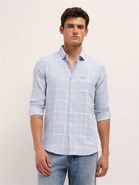 Shop Blue Herringbone Check Slim Fit Casual Shirt Online. – bearhouseindia