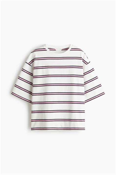 Women's White/Pink striped Oversized cotton T-shirt | H&M IN