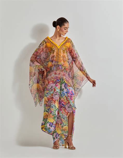 Multicolour Florika Crinkle Drape Dress Paired With Printed Kaftan Top ...