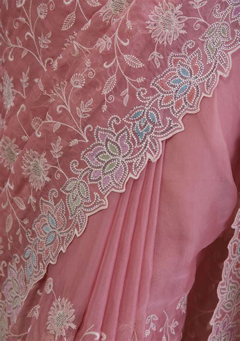 Buy Peach Threadwork Organza Saree - Koskii
